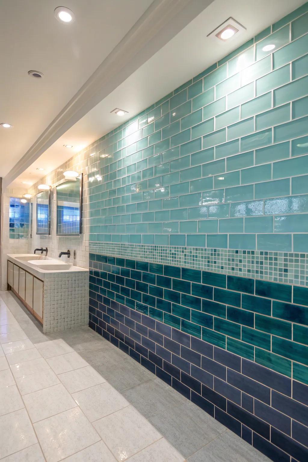 Color gradients in glass tiles create a breathtaking ombre impression.