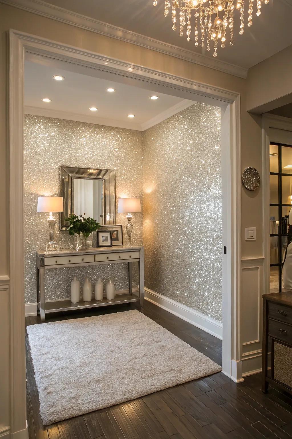 A <strong><em>glitter accent wall</em></strong> fashions an inviting entryway.” loading=”lazy” class=”pimg”>
	</picture><figcaption>A <strong><em>glitter accent wall</em></strong> fashions an inviting entryway.</figcaption></figure>
<p>Design an inviting entrance using a <strong><em>glitter accent wall</em></strong> in your entryway. It’s a great way to leave a memorable impression on guests.</p>
<h3>These products might help:</h3>
<ul class=