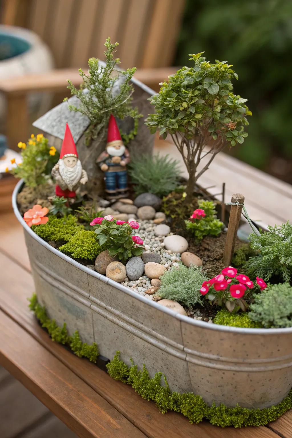 A transportable gnome garden housed within a repurposed cart.