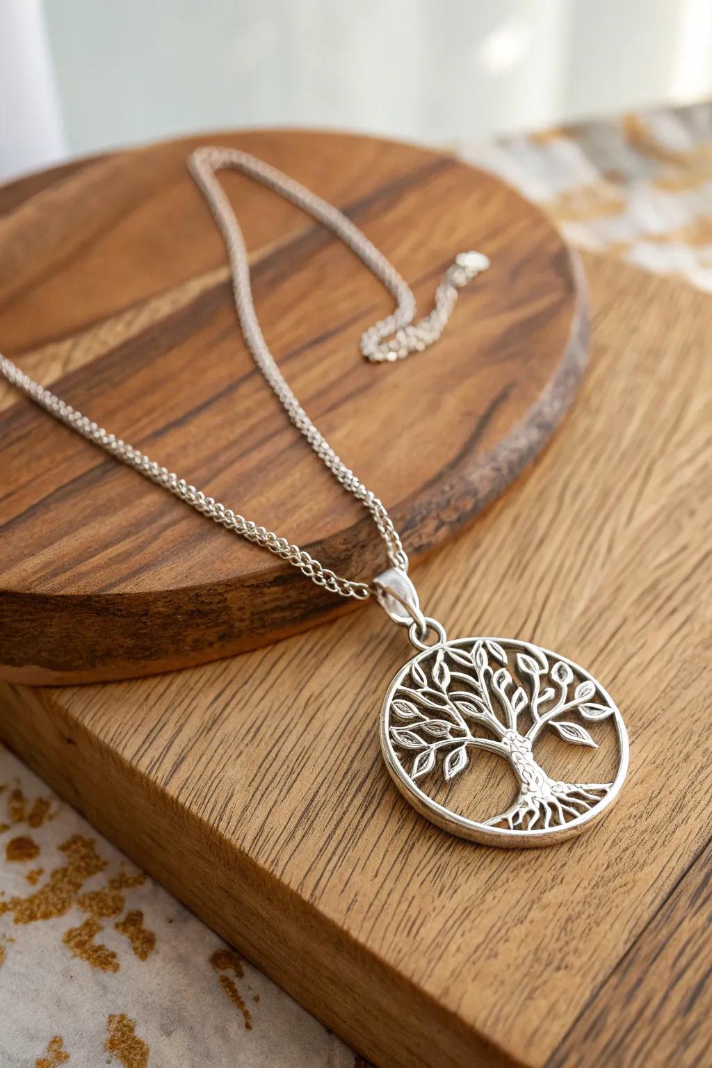 A kinship arbor charm necklace, representing the roots and branches of family.