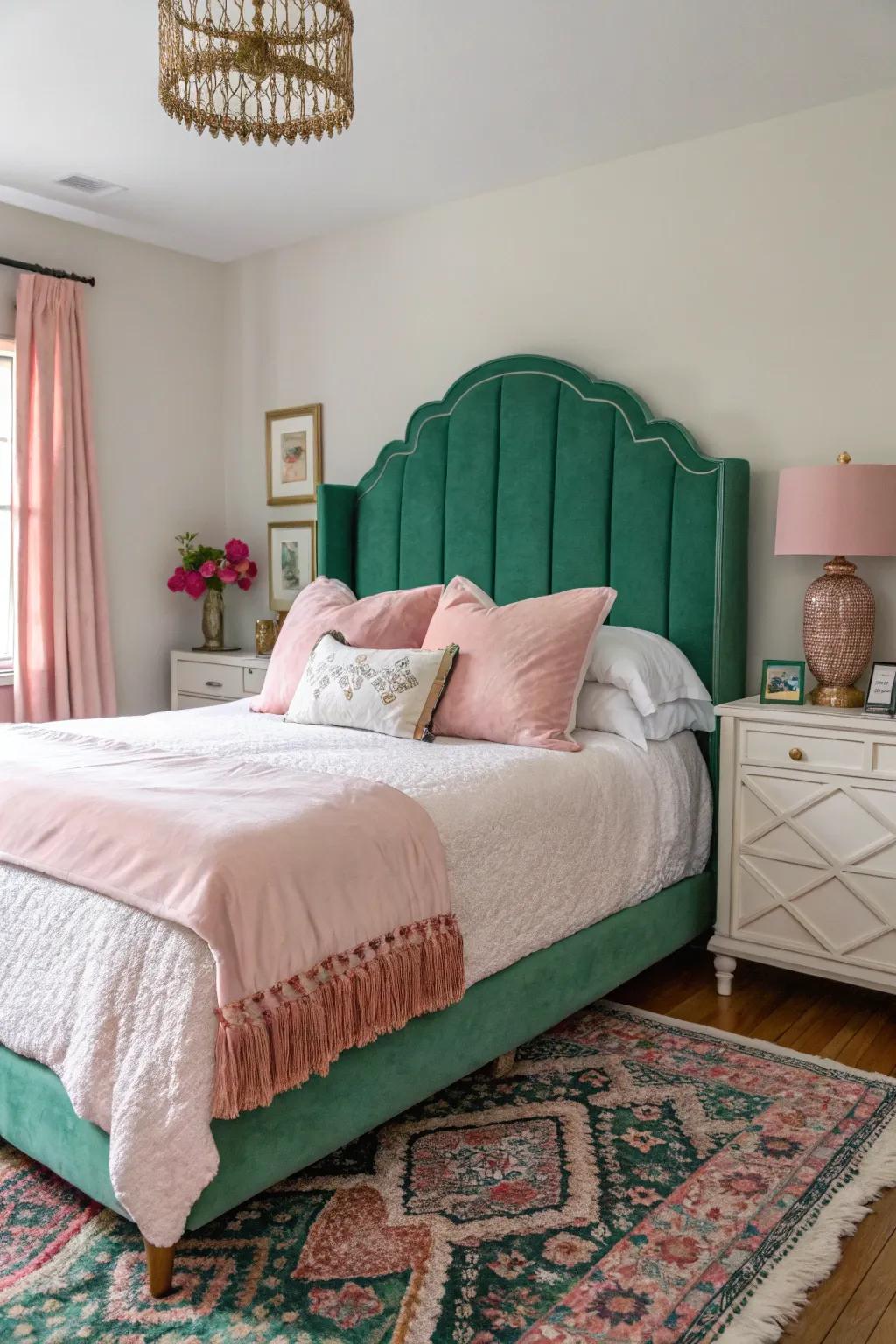 An emerald verdant headboard crafts a bold statement in your bedroom.