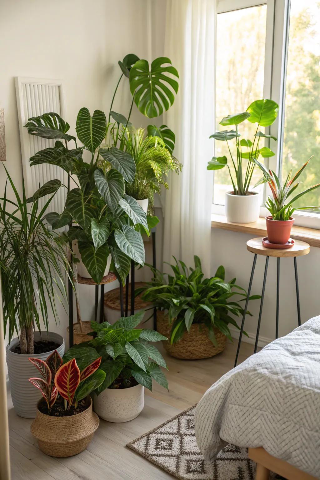 Indoor plants introduce natural vibrancy and freshness to this green-themed bedroom.