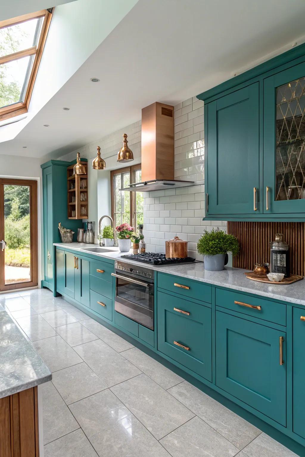 Exclusive kitchen featuring ocean blue cabinets and fashionable copper highlights.