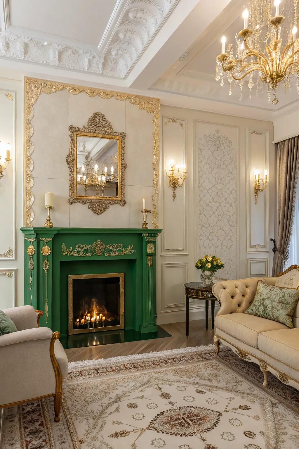 A glamorous living room graced with a green fireplace and opulent gold accents.