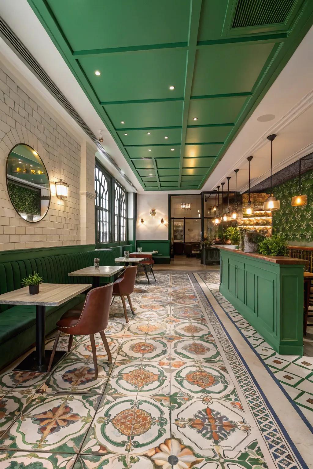 Uncommon green elements such as ceilings or tiles can raise any space's elegance.