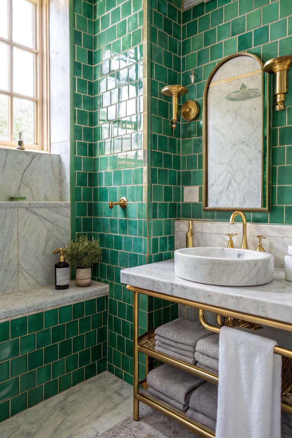Combining materials such as marble and brass with <strong><em>green</em></strong> tiles offers beauty.” loading=”lazy” class=”pimg”>
	</picture><figcaption>Combining materials such as marble and brass with <strong><em>green</em></strong> tiles offers beauty.</figcaption></figure>
<p>Your bathroom’s style factor can be improved by mixing <strong><em>green</em></strong> tiles with materials like brass or marble. This blend of textures and colors always adds a hint of elegance and sophistication.</p>
<h3>Some handy options:</h3>
<ul class=