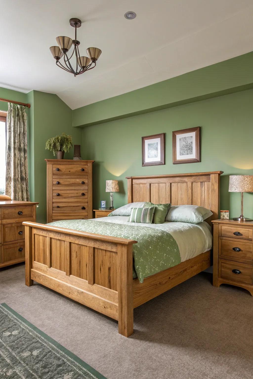 A serene bedroom showcasing the harmony of green walls and wooden furniture.