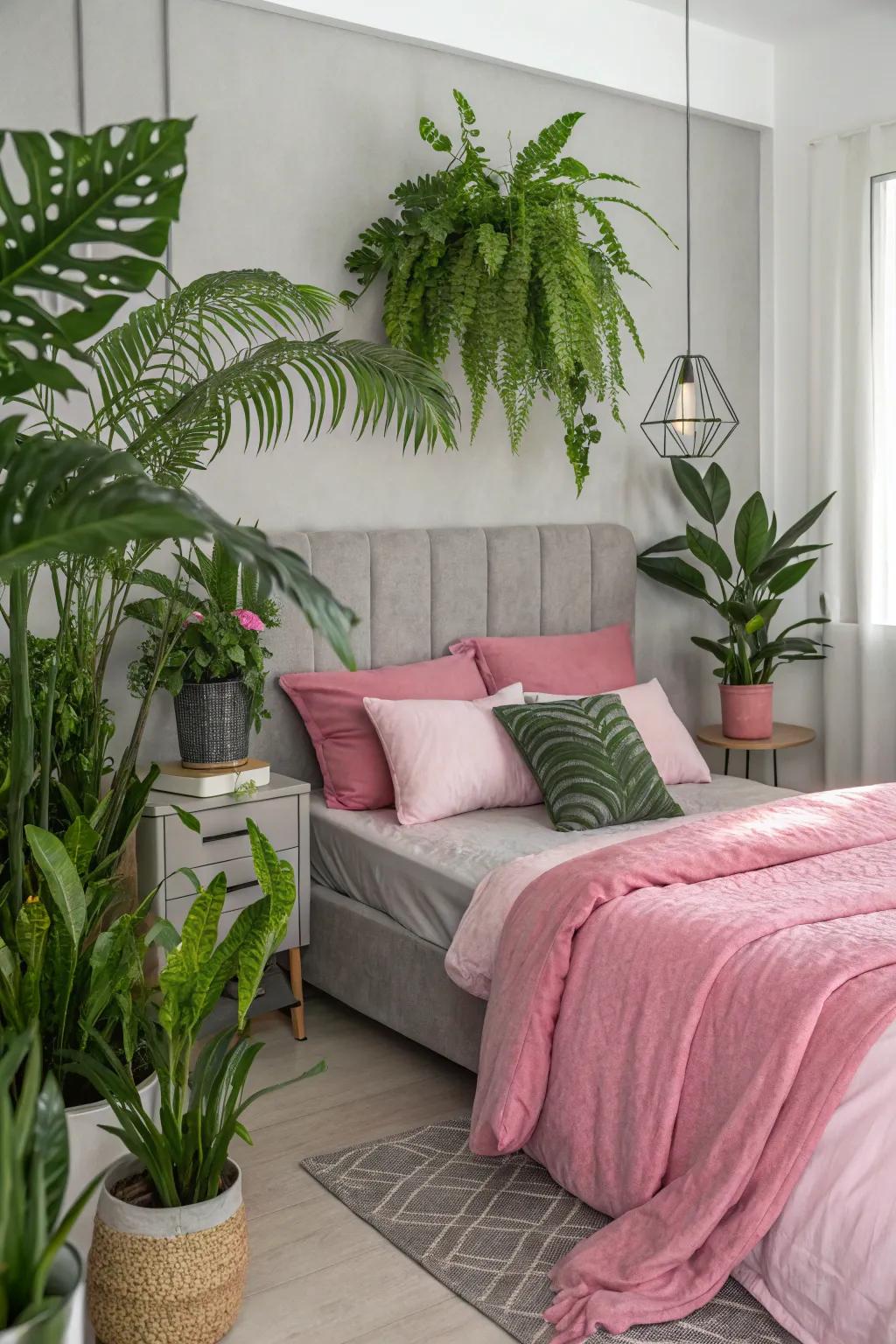 Greenery adds a refreshing contrast to a pink and grey palette.