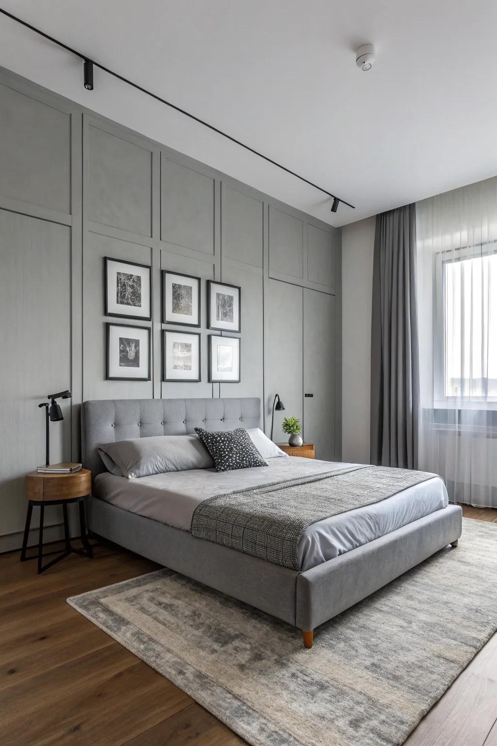 Streamlined furnishings complement a contemporary grey bedroom.