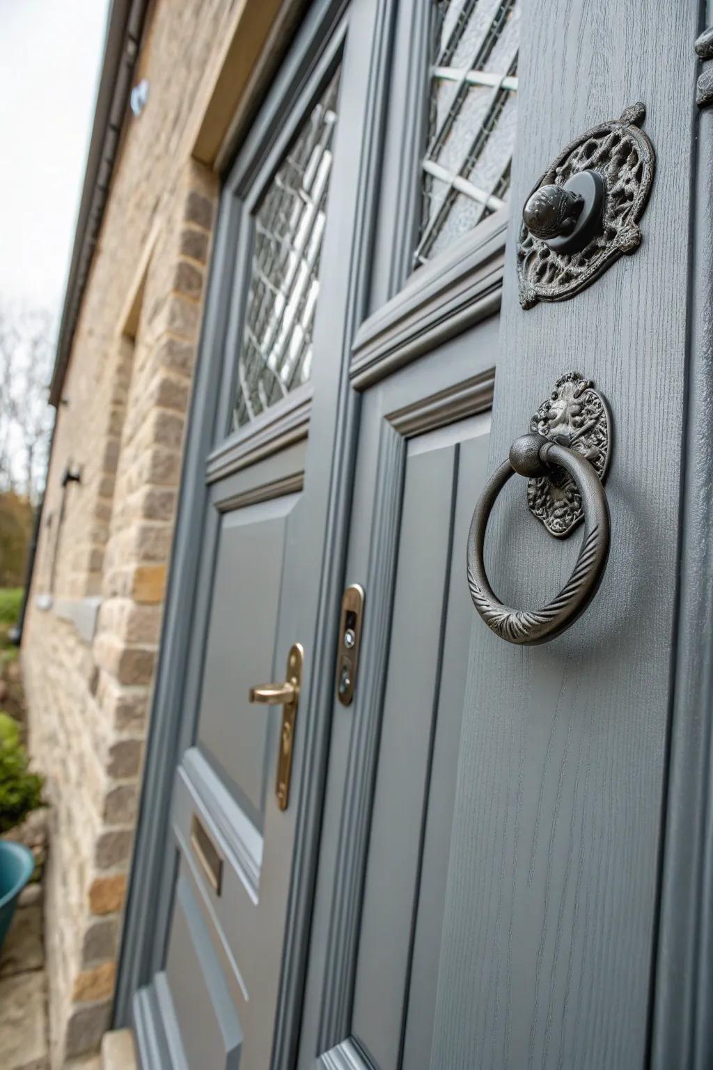 Unique hardware injects individuality into this grey composite door.