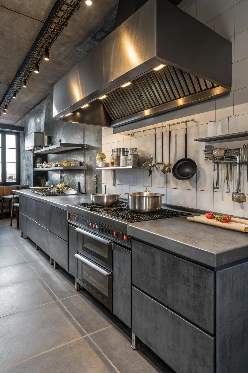Industrial cooking area spotlighting striking deep grey surfaces.