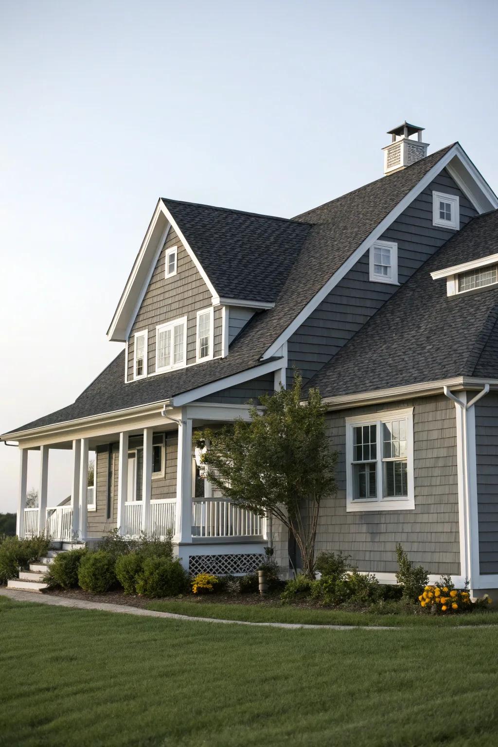 Striking contrast with a silver exterior and charcoal roof.