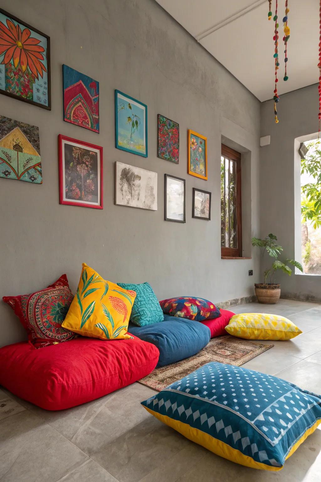 Vibrant accessories add vivacity to this grey room.
