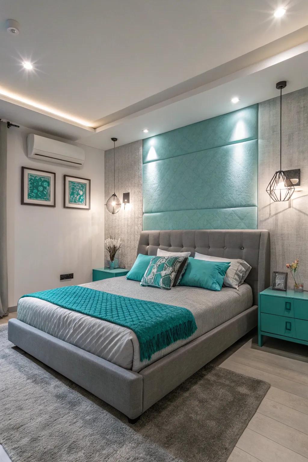 Lighting pieces that blend both colors enhance the room's ambiance.