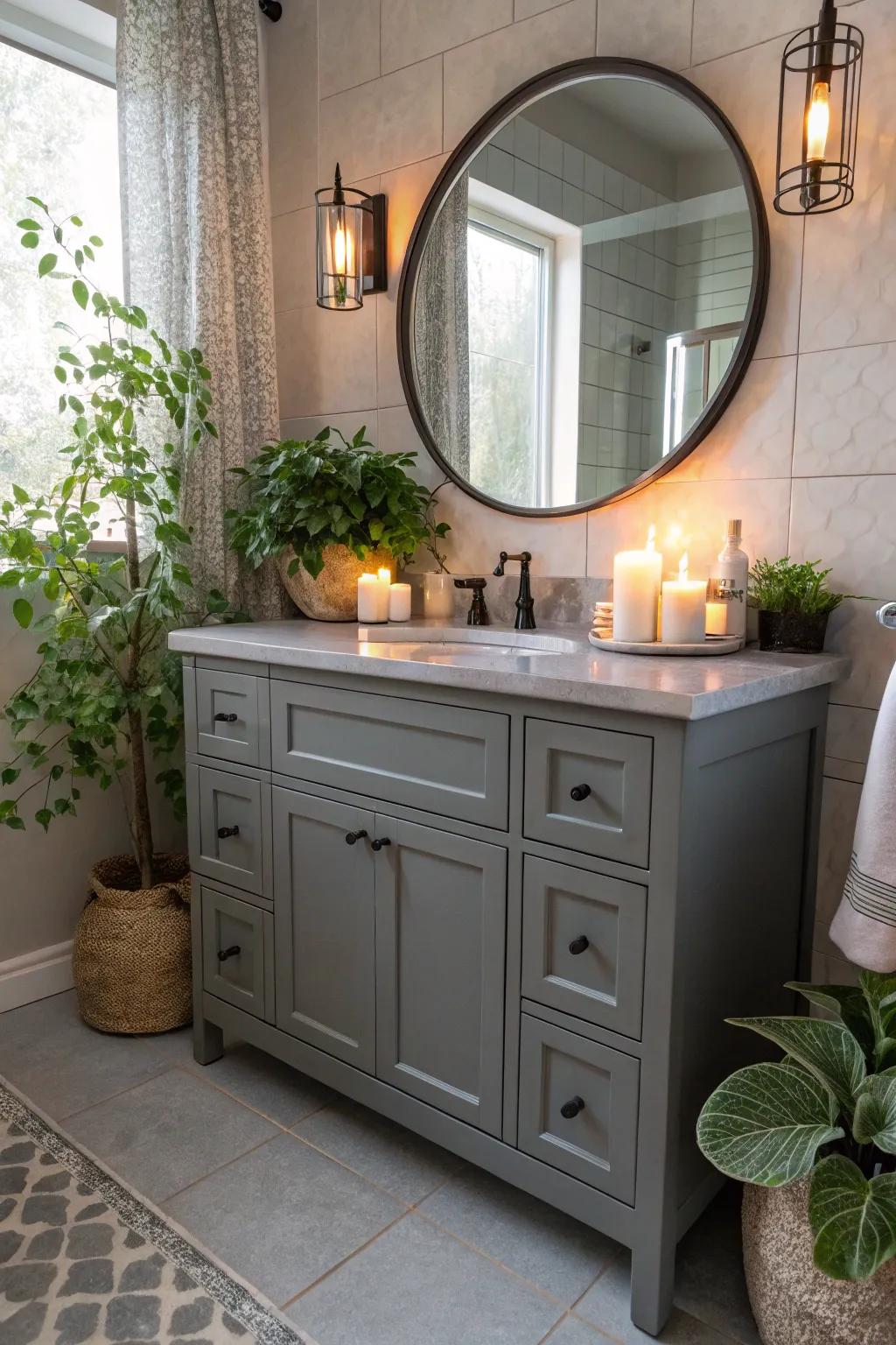 Decorative splashes like vegetation and wax lights append warmth to the charcoal washstand.