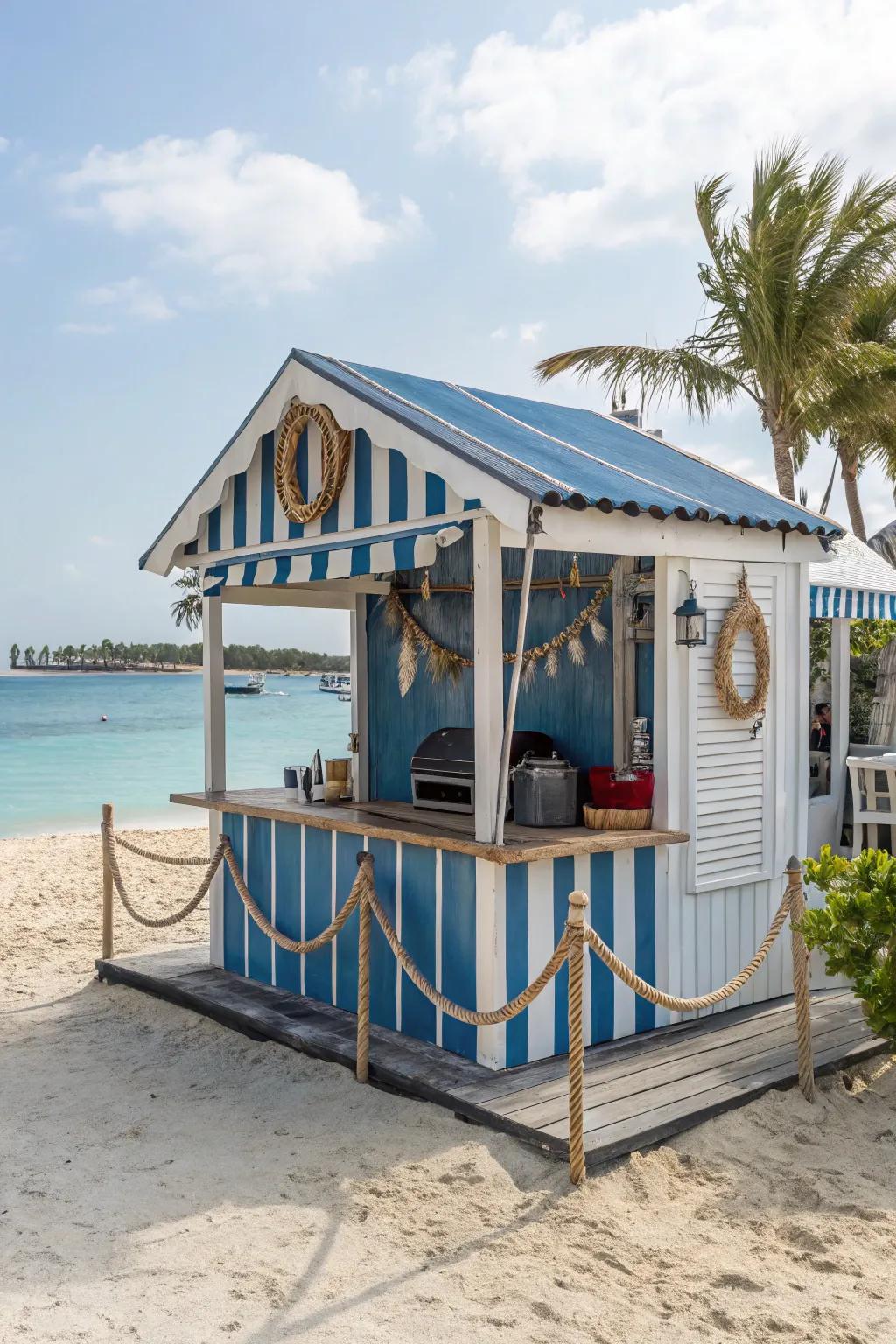 A coastal-themed barbecue shelter that brings the seaside charm to your backyard.