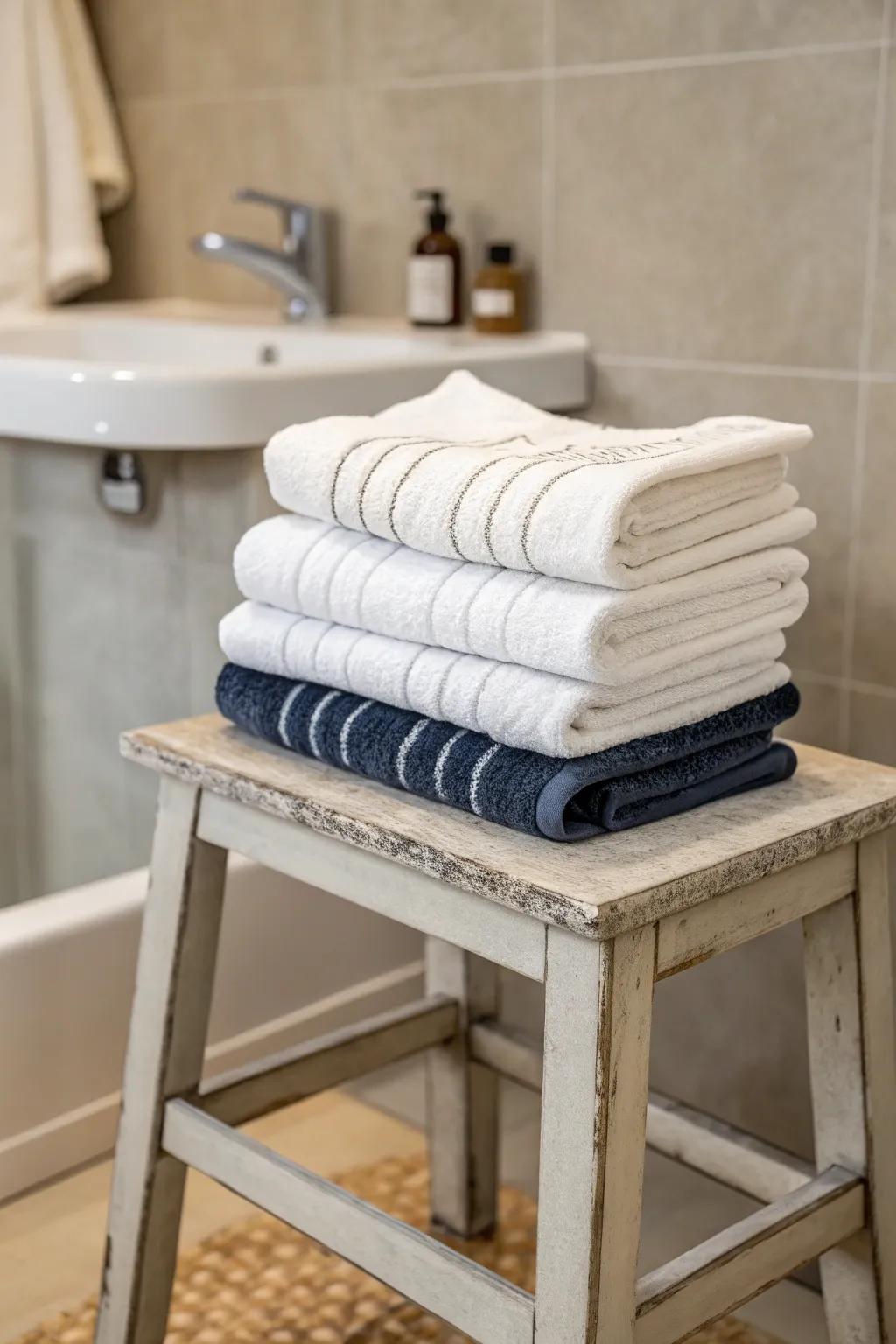 Stack towels on a stool for a visually appealing display.