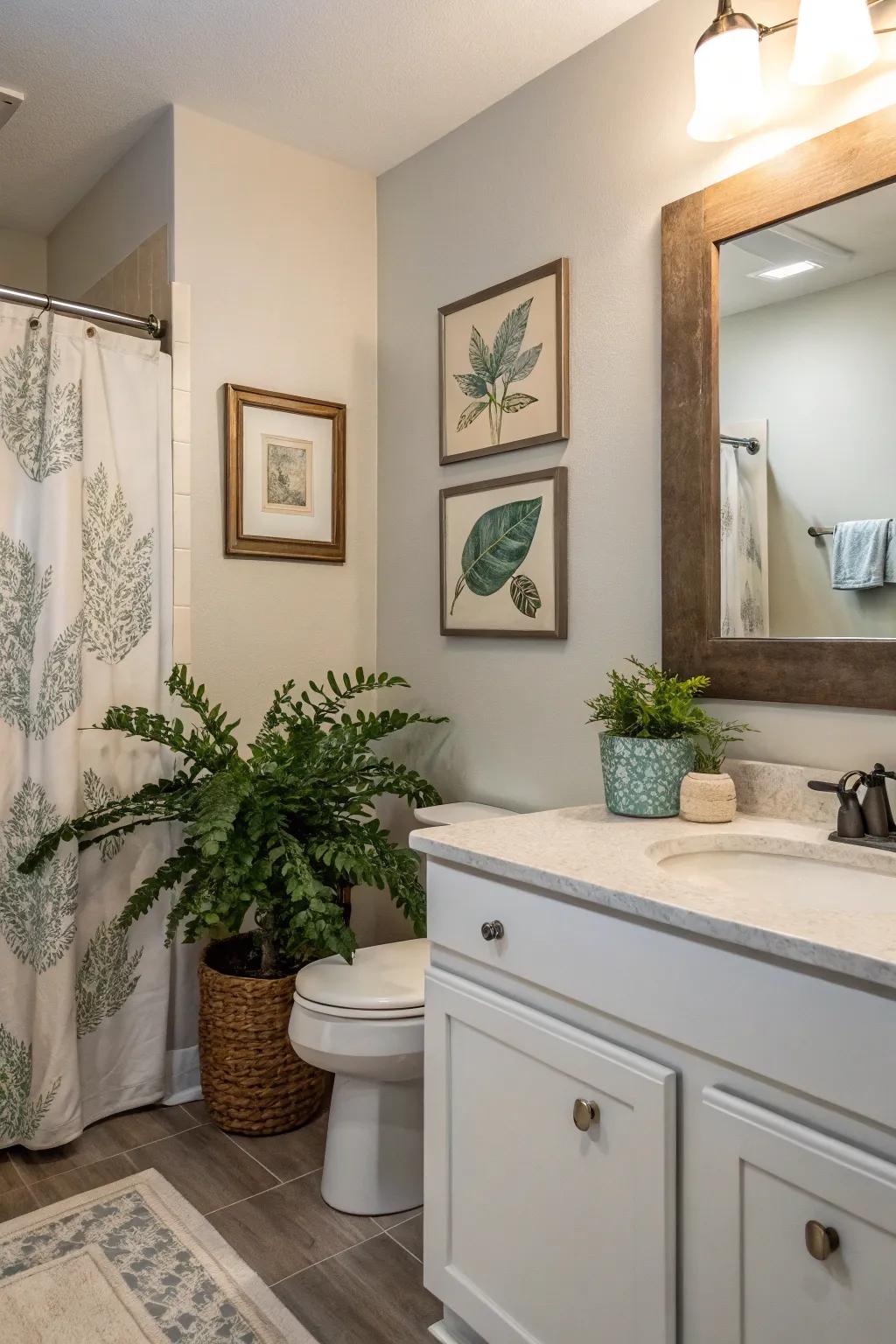 Personal touches such as plants and art make this guest bathroom inviting.