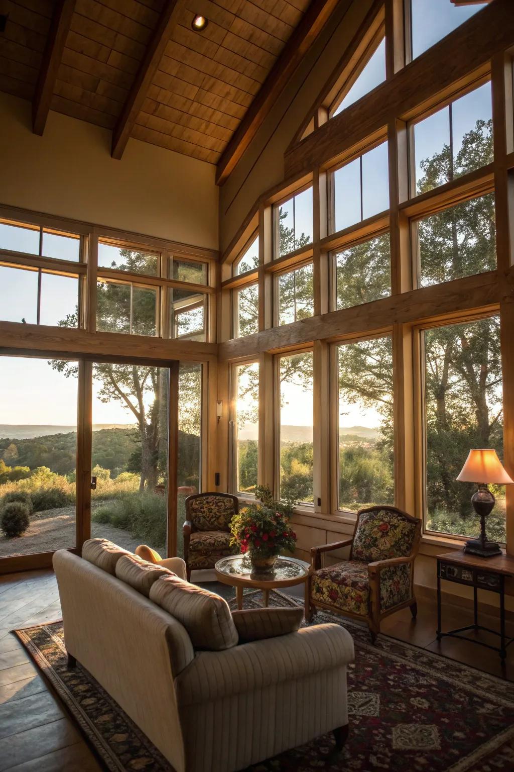 A guest house featuring expansive panes that highlight sunlight and openness.