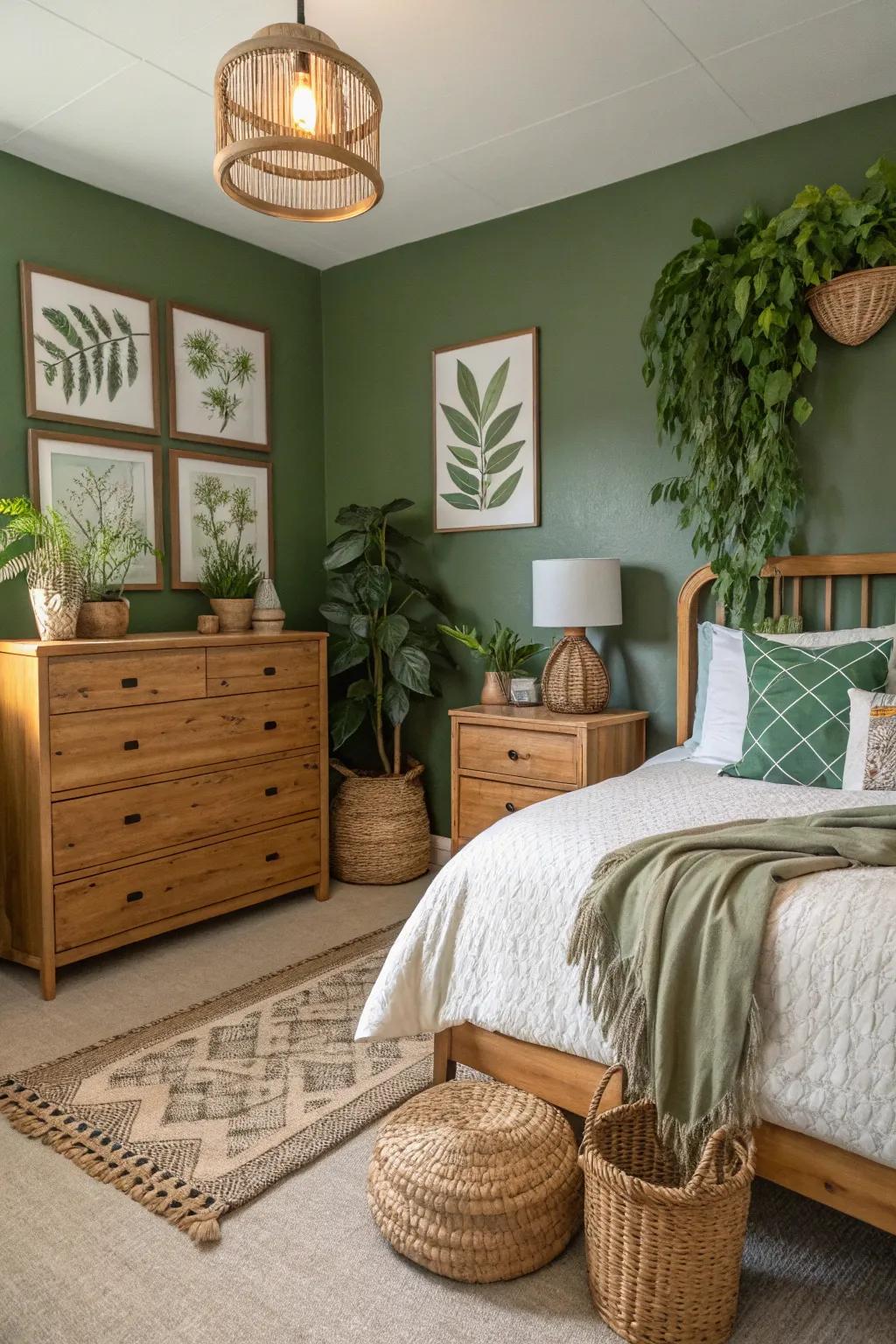 A guest room encompassed in rich moss green for a natural haven.