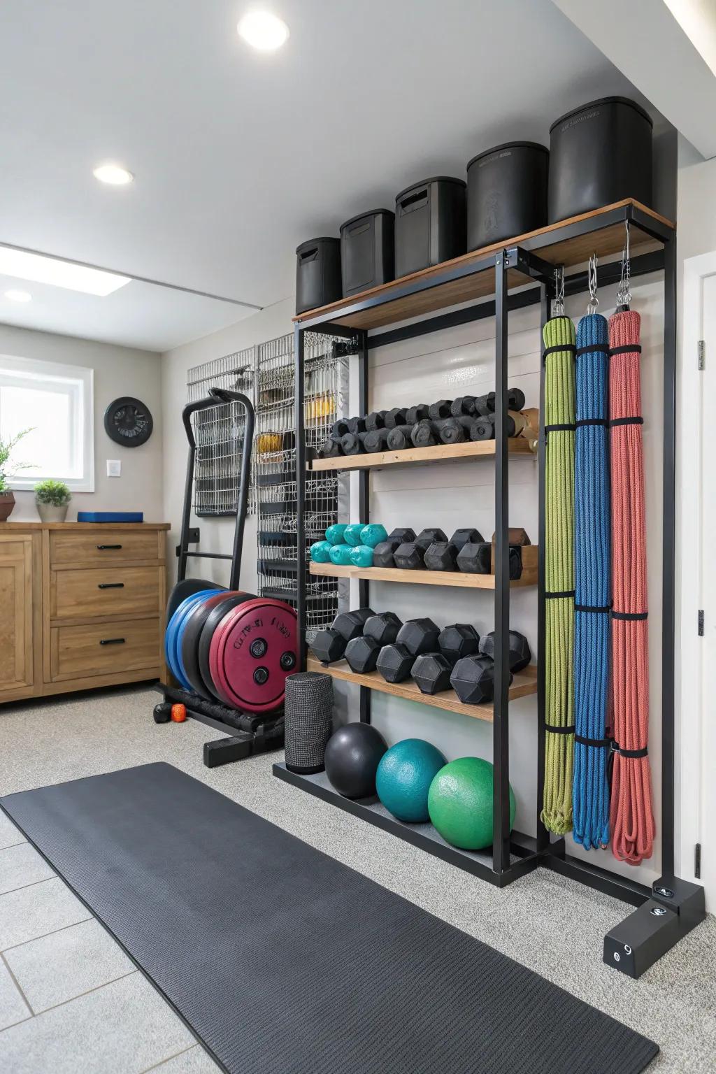 Maintain a tidy gym through structured storage.