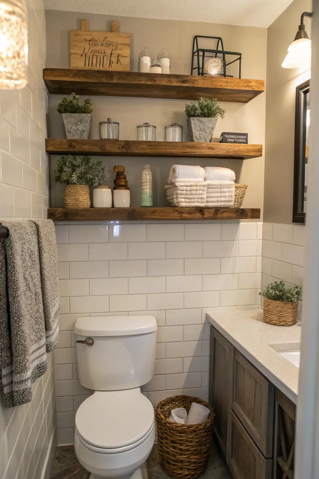 Floating shelves provide both practical and aesthetic storage.