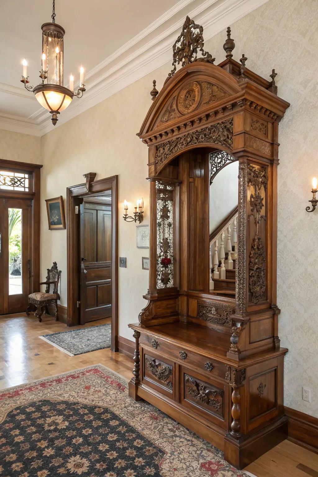 Make an entry that fascinates with an antique hall tree.