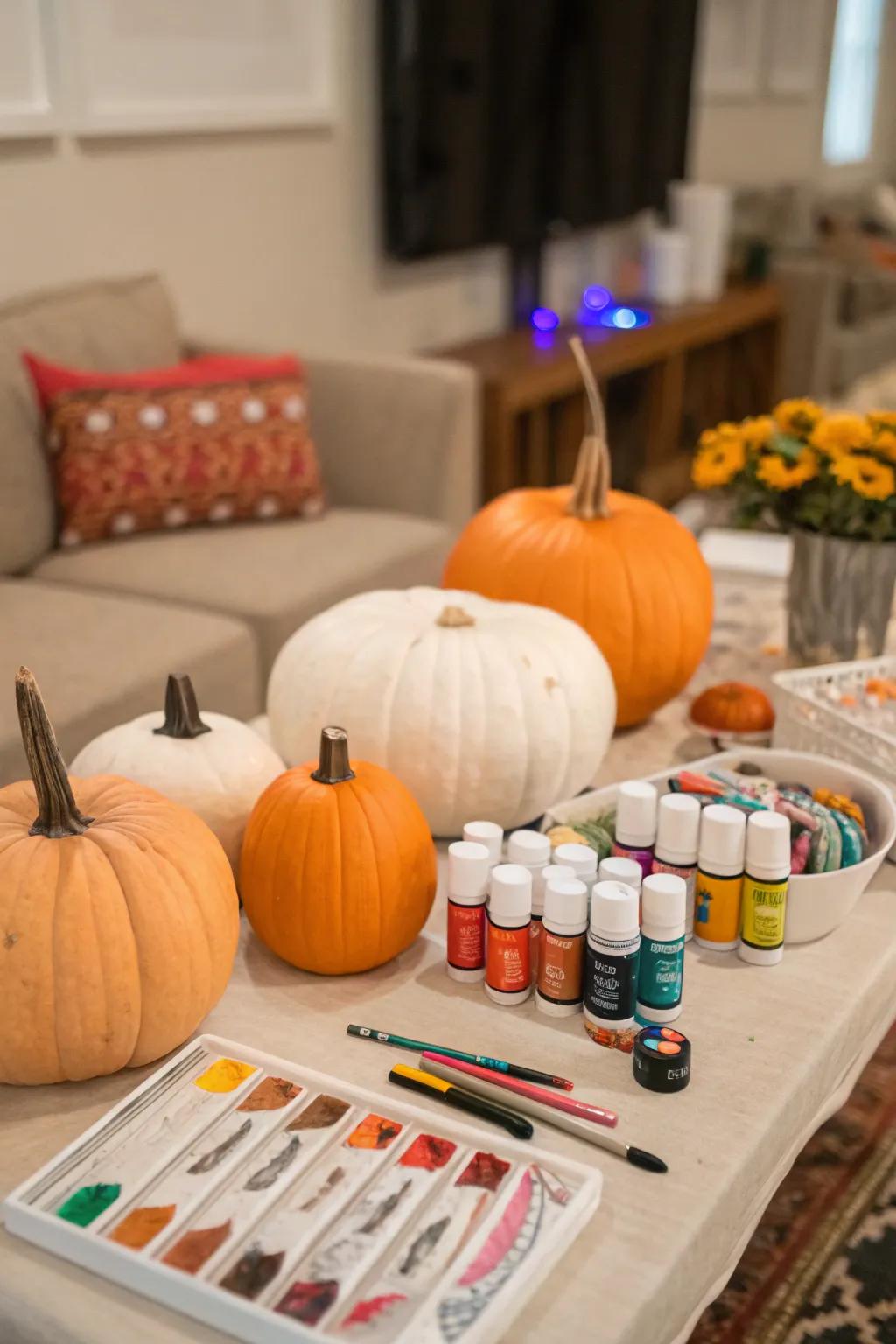 A pumpkin decorating station sparks creativity and provides entertainment for guests.