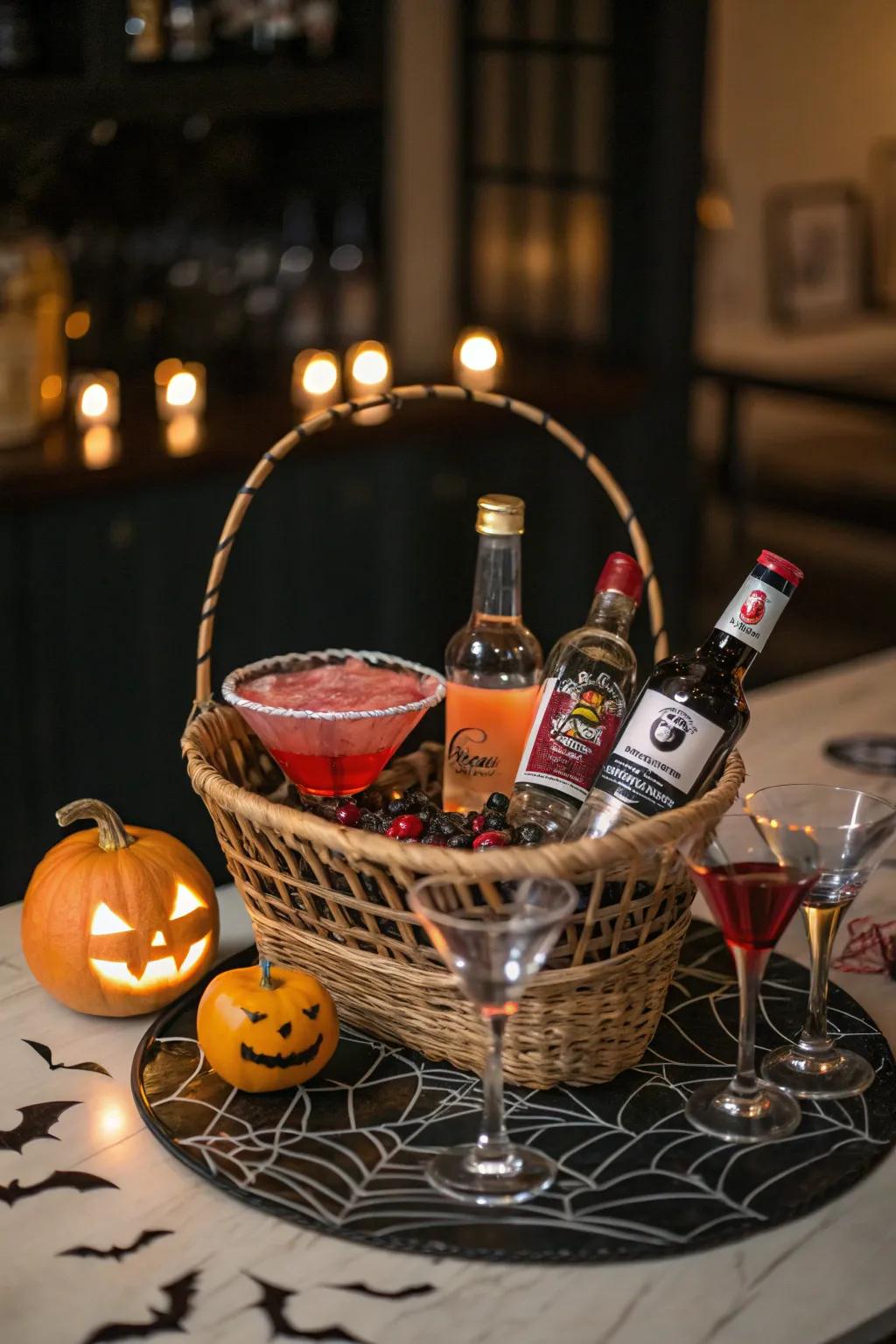 A mini bar inside a basket for cocktail aficionados this Halloween.