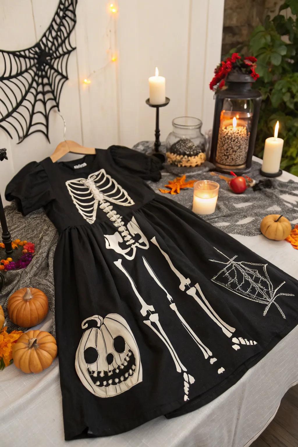 Bring a skeleton to life with face paint and a black dress.
