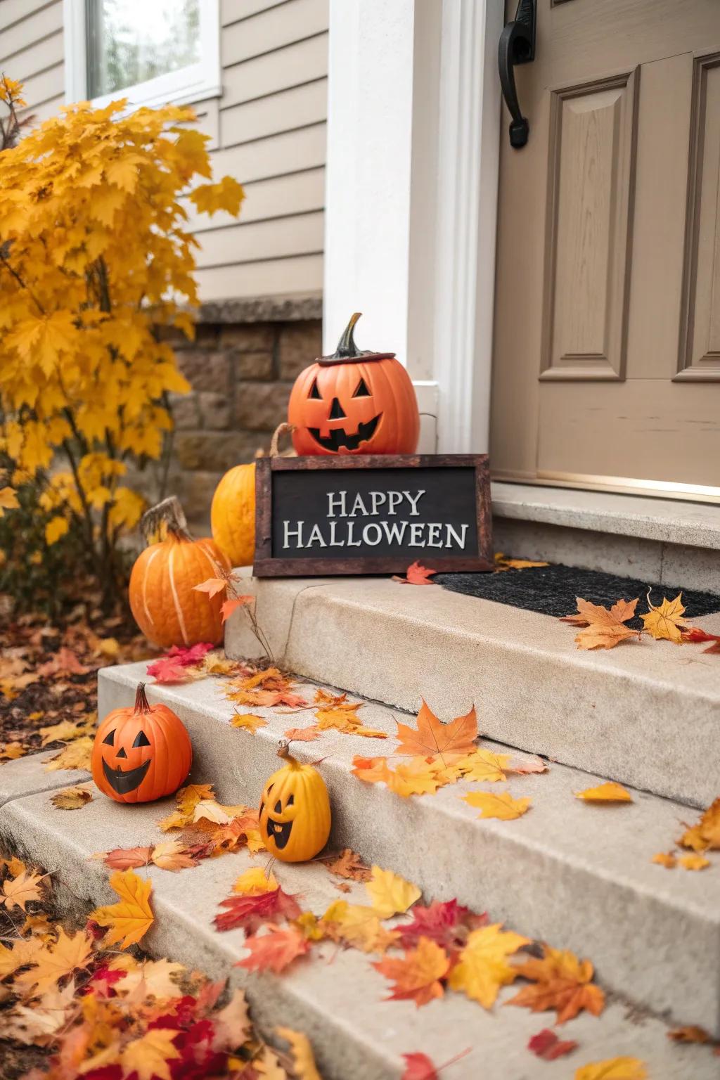 A welcoming display of gourds and a Halloween placard.