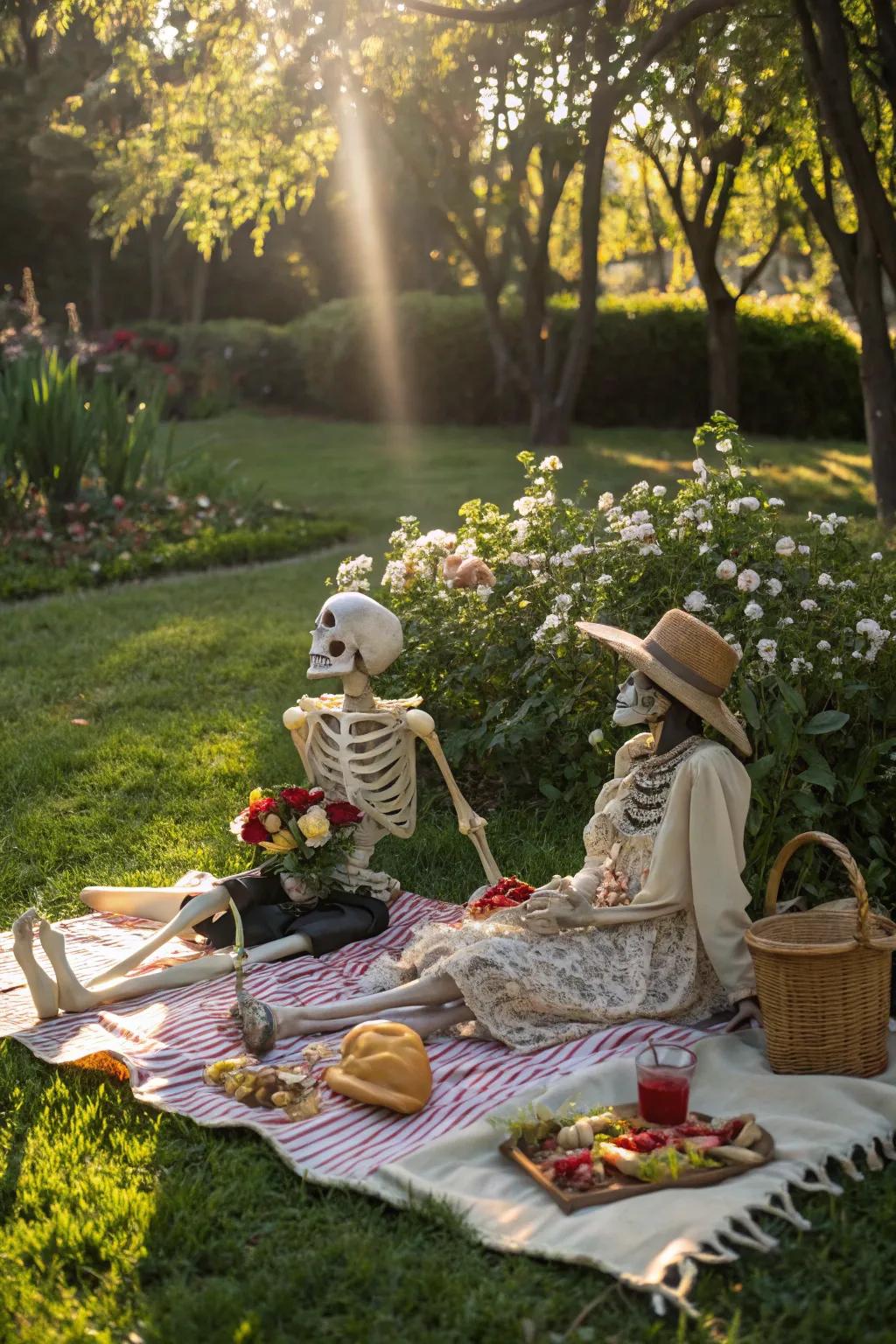 Skeletons at a picnic give a whimsical charm to your Halloween decor.