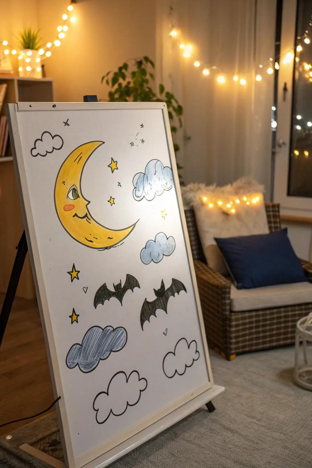 A magical starlit night scene portrayed on a whiteboard.
