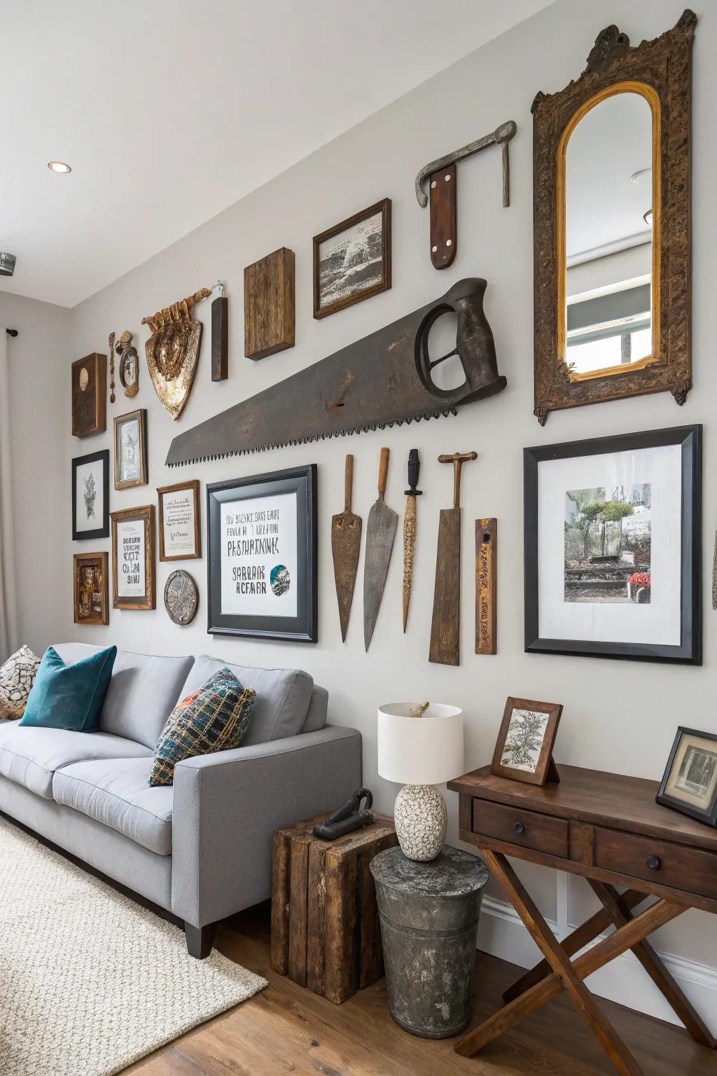 A heritage gallery screen exhibiting handsaws as unique artistic pieces.