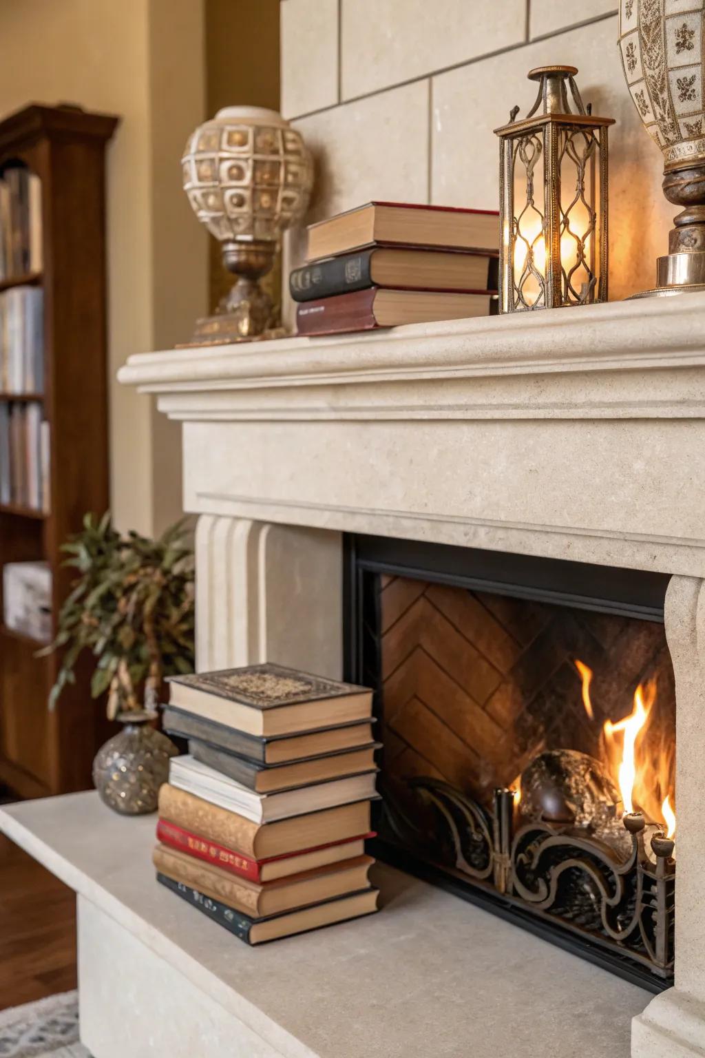 Books add a touch of elegance and warmth to your mantel.