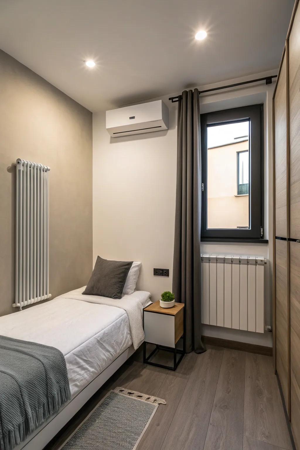 A small, modern bedroom outfitted with a sleek, wall-fixed heater for efficient area heating.