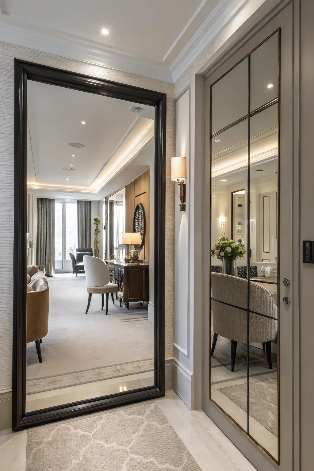 A pivot mirror door delivers a stylish and functional passage between spaces.
