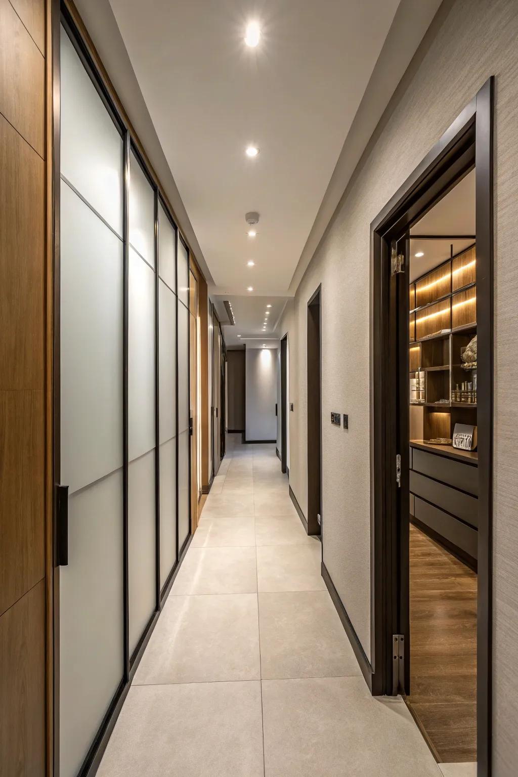 Fashionable sliding doors in a small area keeping a climate control system and water heater out of sight.