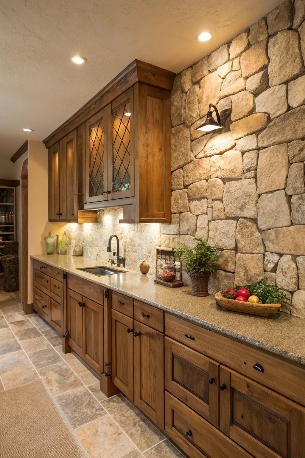Nature-inspired stone backsplash delivers organic appeal.