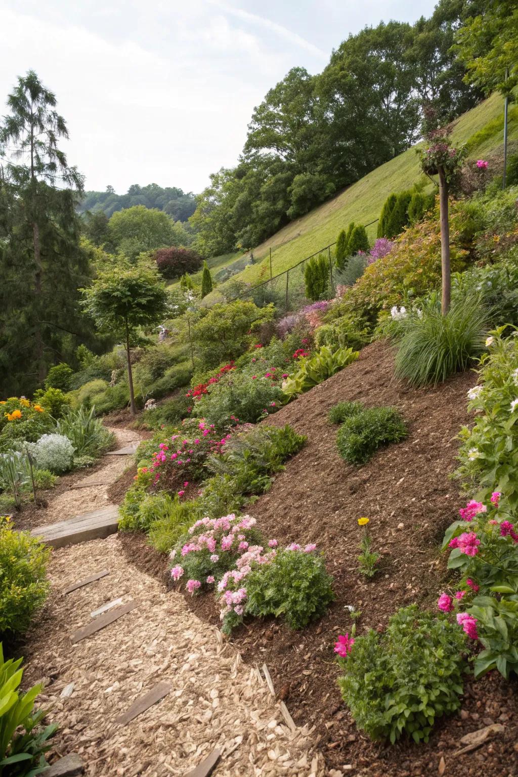 Ground cover is an effective way to conserve dampness and control weeds on a hillside.