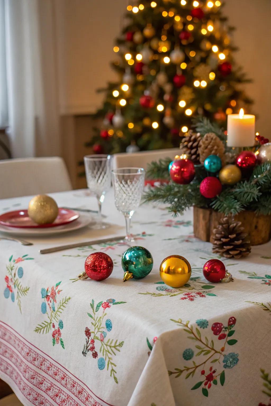 Ornaments infuse a whimsical feel into your festive surface.