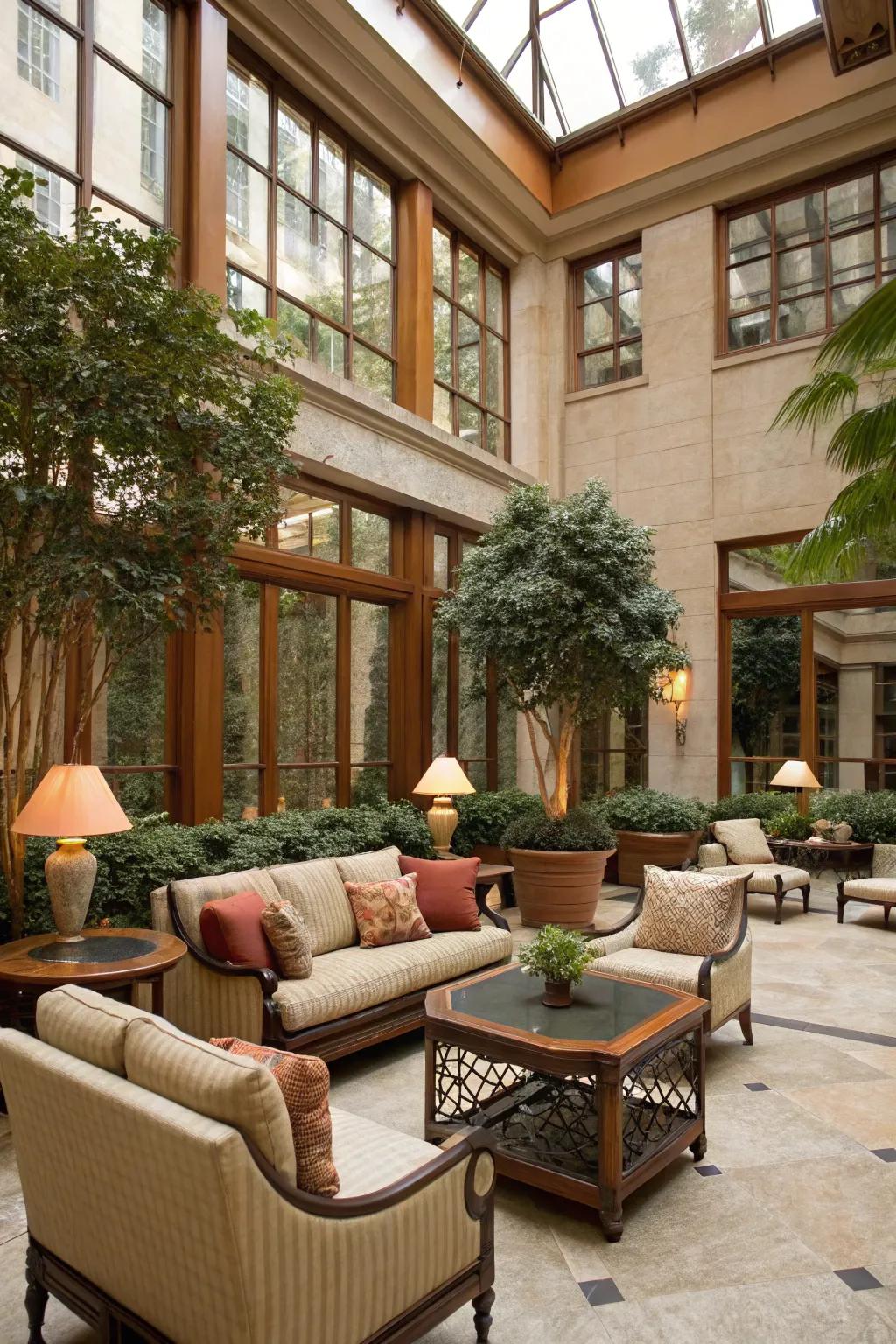 A snug relaxation corner in a sun court, designed for unwinding.