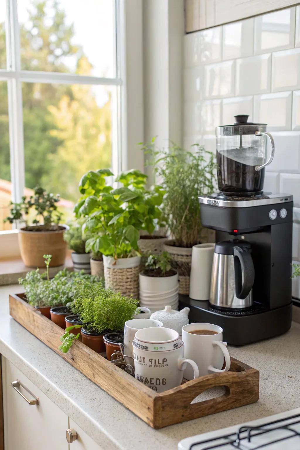 Plant life adds a fresh and lively touch to your coffee station.