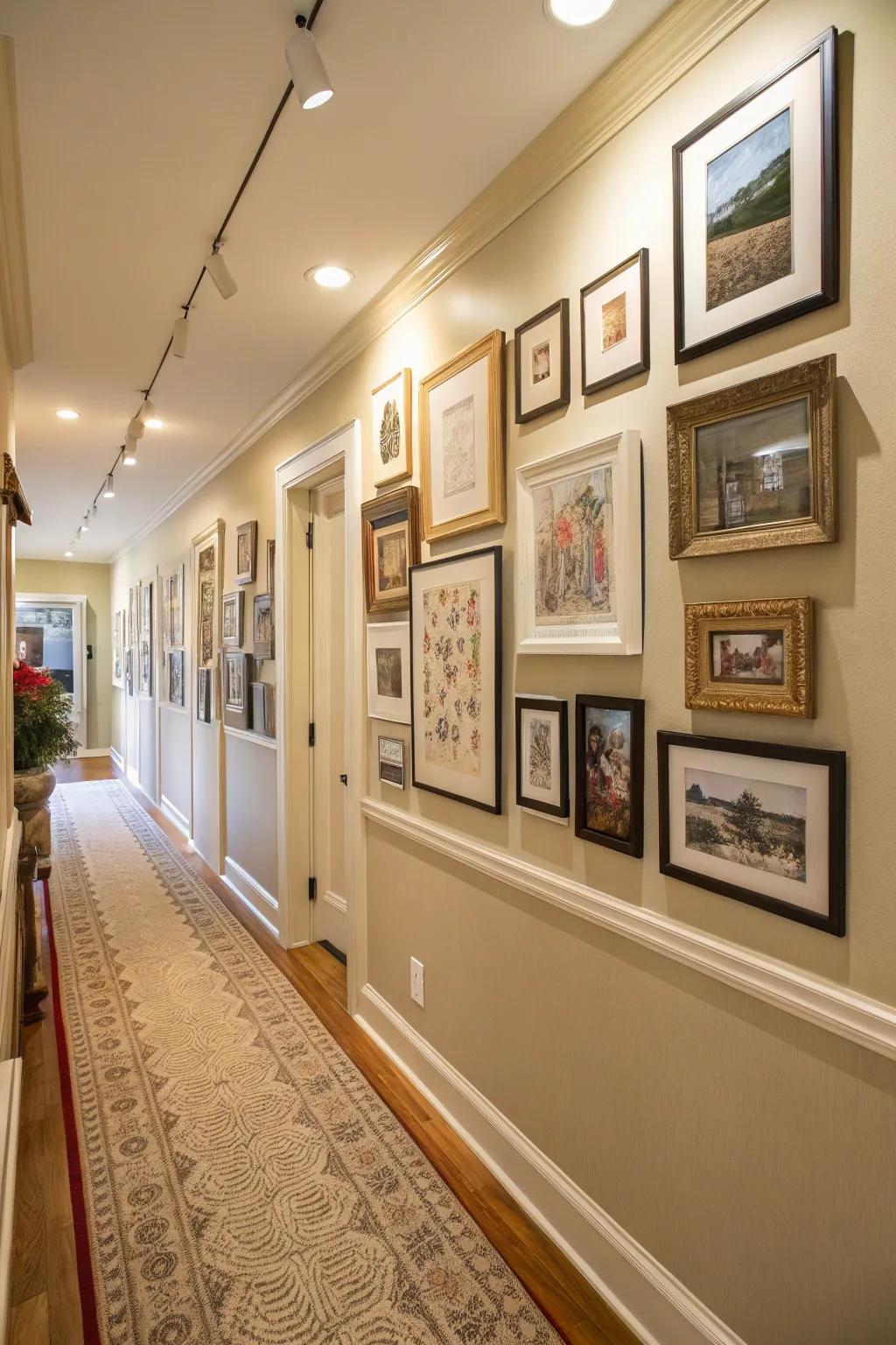 A wall art arrangement that adds uniqueness and interest to a hallway.