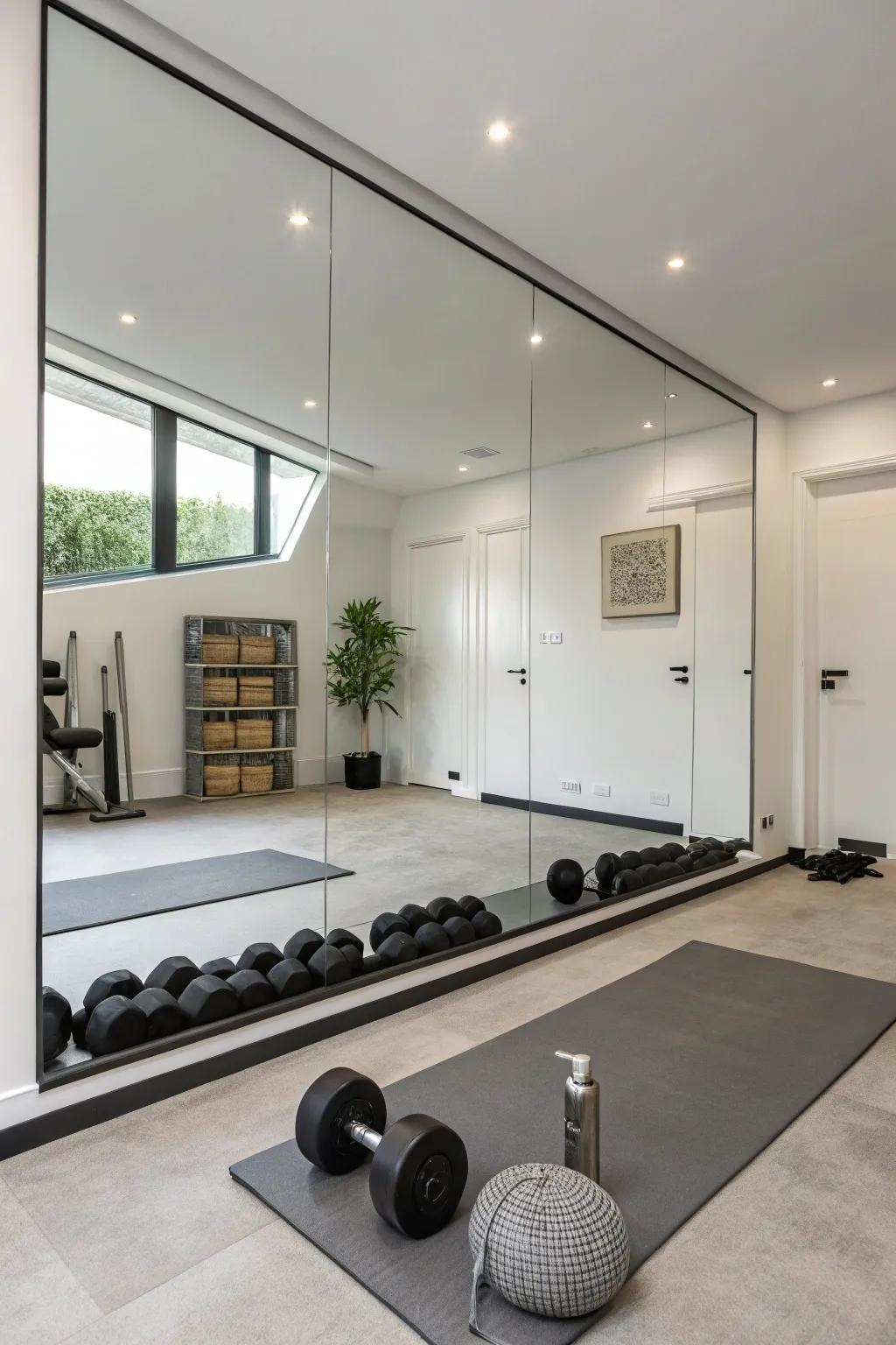 A minimalist gym featuring neat aesthetics and sizable mirrors.