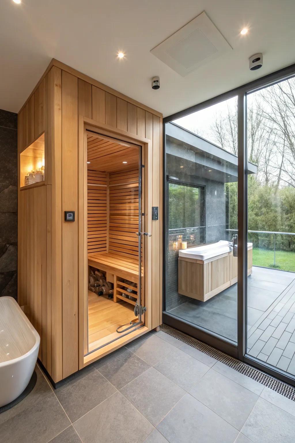 A sauna flawlessly connected with a contemporary bathroom for increased ease.