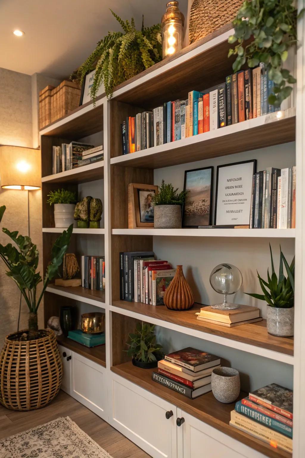 Meticulously arranged shelves impart character and appeal.