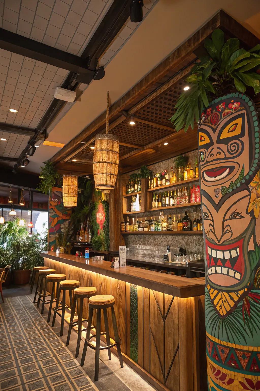 Tiki carvings and art pieces infuse cultural charm to your bar.