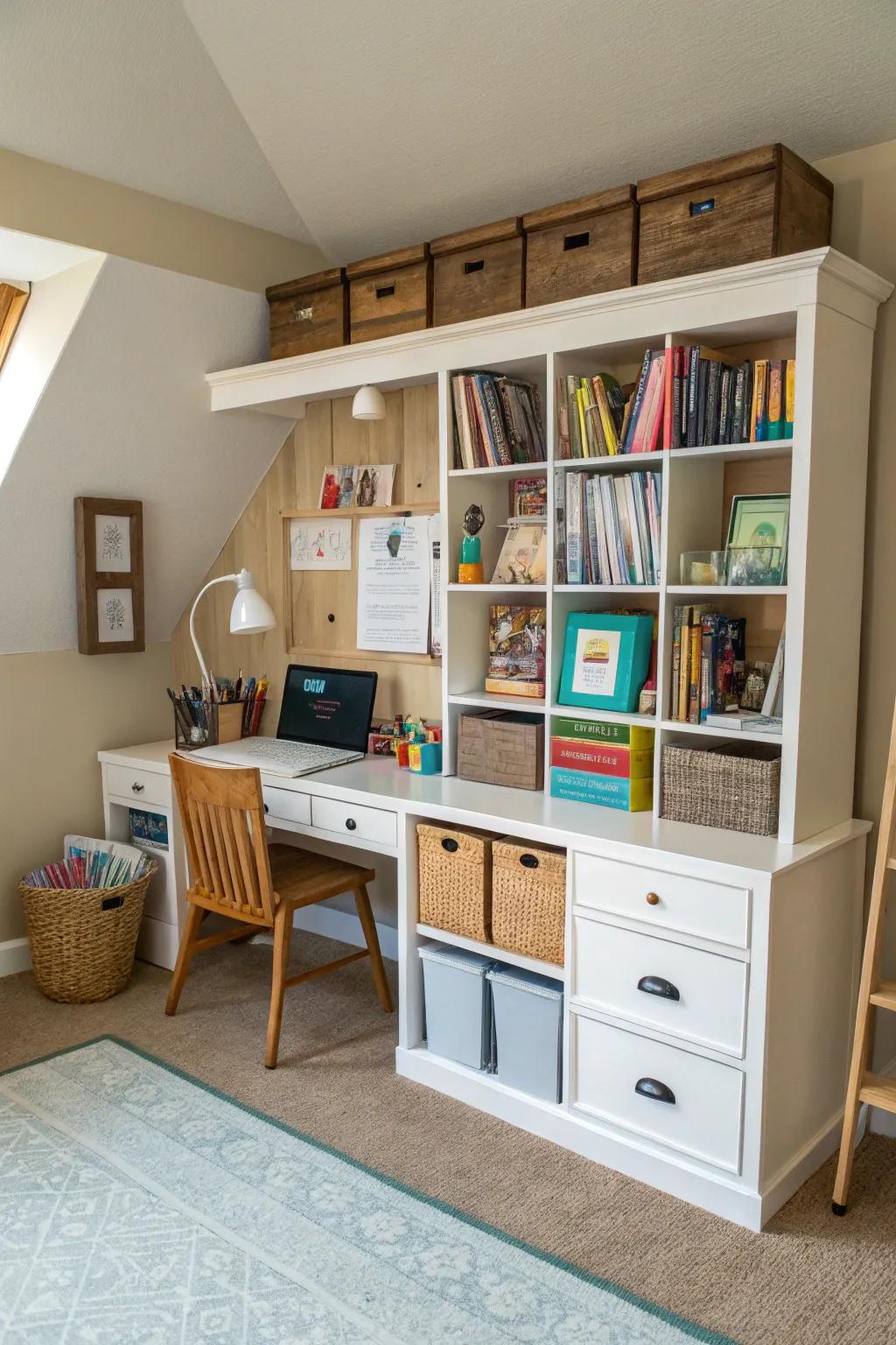 Versatile furniture enhances usefulness and style for any homeschool area.