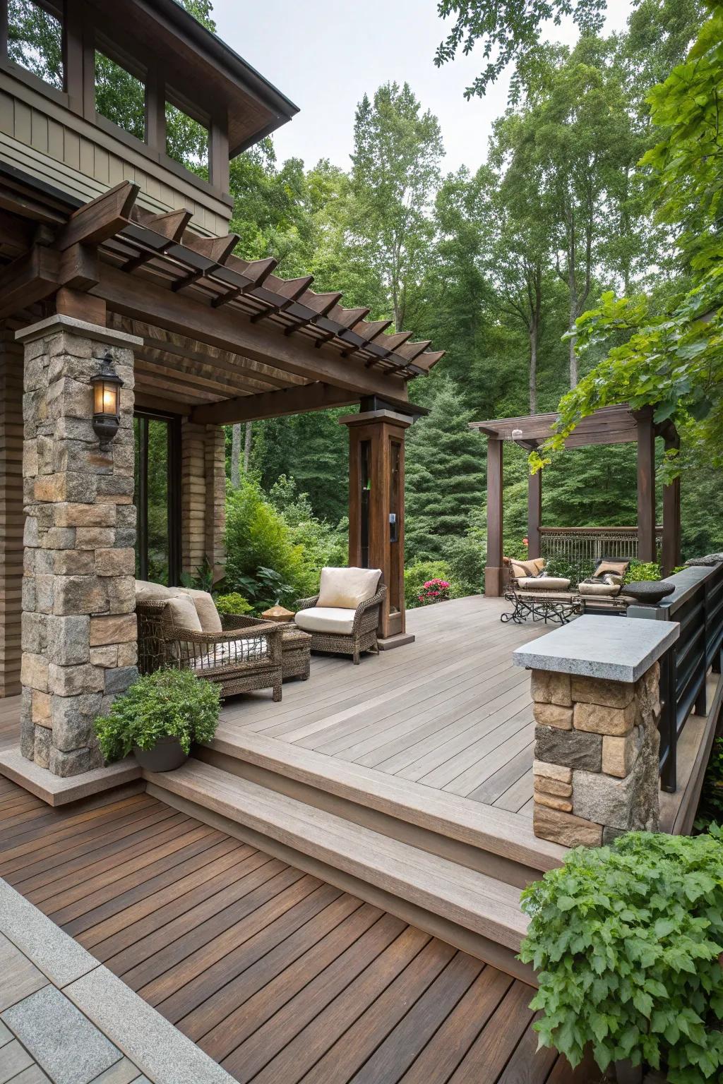 Rock features pair exquisitely with lumber skirting for a cultured impression.